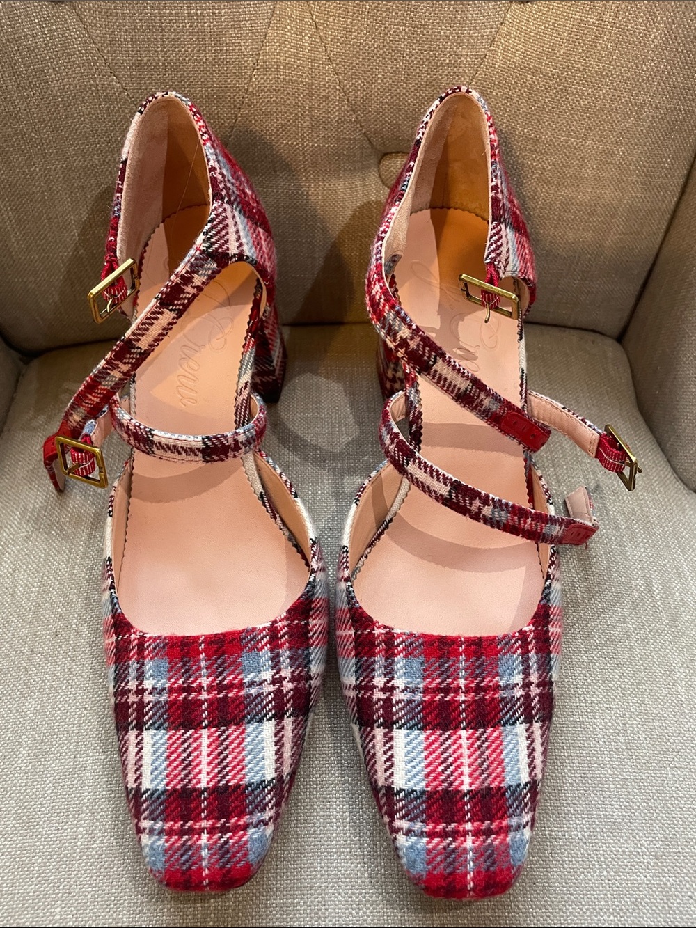 JCrew Plaid Red Multi Ankle-Strap Women’s Block Heels